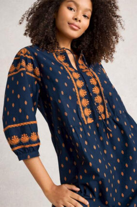 White Stuff Lila Embroidered Dress Navy Multi