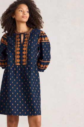 White Stuff Lila Embroidered Dress Navy Multi