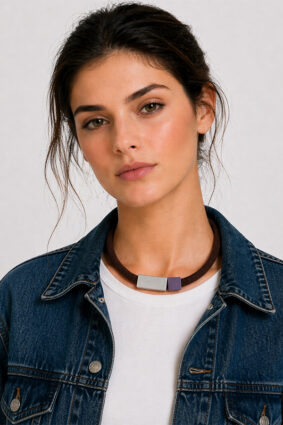 Christina Brampti Rectangle Square Tube Net Necklace BrownBlksilver