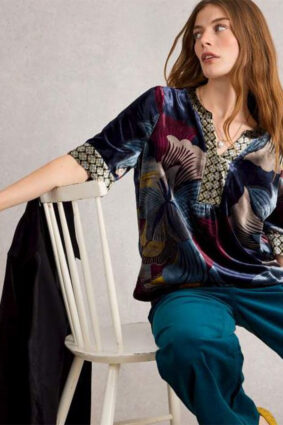 White Stuff Ash Velvet Top Navy Multi