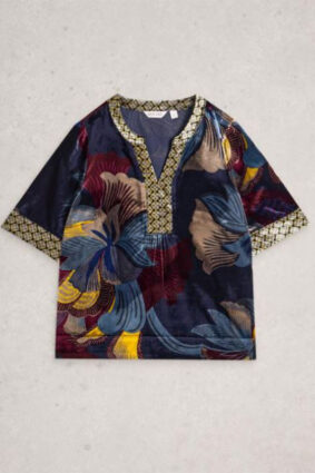 White Stuff Ash Velvet Top Navy Multi