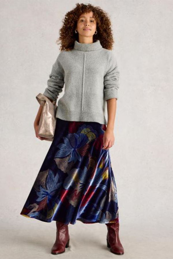 White Stuff Hope Bias Cut Velvet Skirt Navy