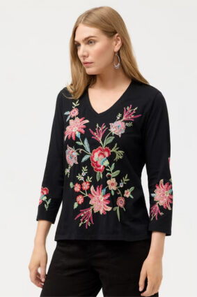 Johnny Was 3_4 Sleeve Trapunto V-Neck Tee Junie Black
