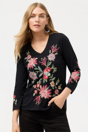 Johnny Was 3_4 Sleeve Trapunto V-Neck Tee Junie Black