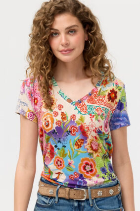 Johnny Was The Janie Favorite Short Sleeve V-Neck Tee Mc Dreamer Print
