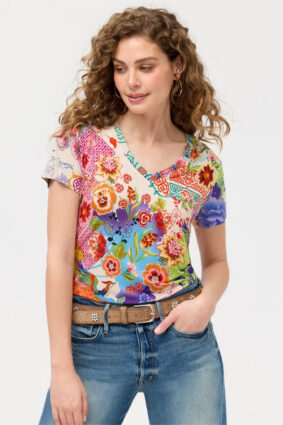 Johnny Was The Janie Favorite Short Sleeve V-Neck Tee Mc Dreamer Print