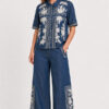 Johnny Was cropped paperbag waist pants in Randal Denim Blue with ivory embroidery.