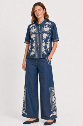Johnny Was cropped paperbag waist pants in Randal Denim Blue with ivory embroidery.