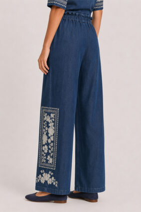 Johnny Was cropped paperbag waist pants in Randal Denim Blue with ivory embroidery.