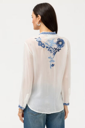 Johnny Was Luisa shirt in Diantha White with intricate placement floral embroidery.