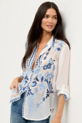 Johnny Was Luisa shirt in Diantha White with intricate placement floral embroidery.