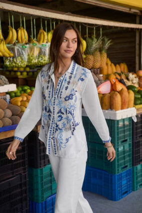 Johnny Was Luisa shirt in Diantha White with intricate placement floral embroidery.