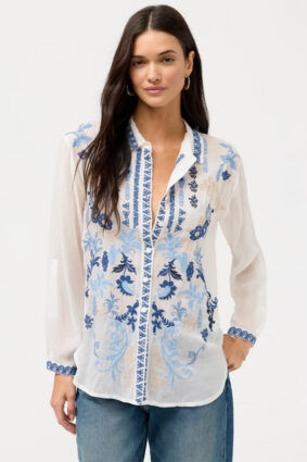 Johnny Was Luisa shirt in Diantha White with intricate placement floral embroidery.