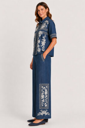 Johnny Was short kimono sleeve shirt in Randal denim blue with ivory floral embroidery.