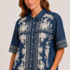 Johnny Was short kimono sleeve shirt in Randal denim blue with ivory floral embroidery.