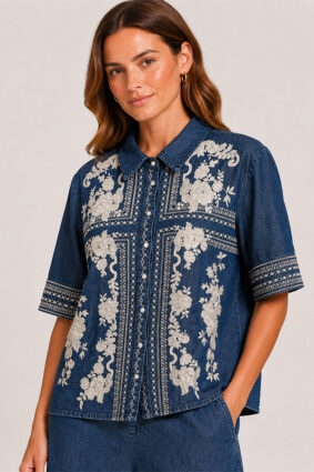 Johnny Was short kimono sleeve shirt in Randal denim blue with ivory floral embroidery.