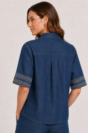 Johnny Was short kimono sleeve shirt in Randal denim blue with ivory floral embroidery.