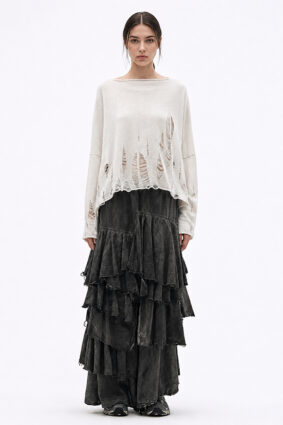La Vaca Loca Libido oversized off-white knitted top with boat neckline and deconstructed sheer openings.