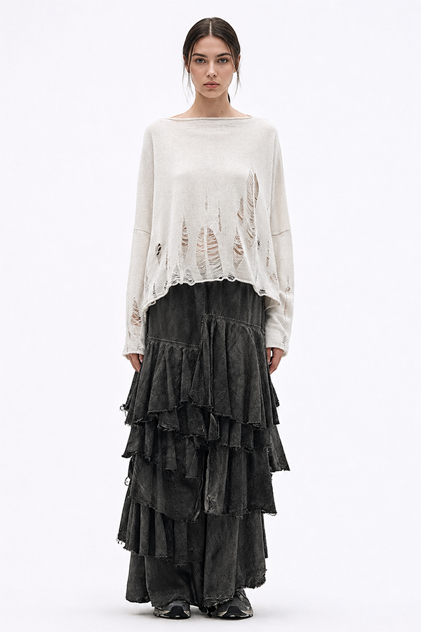 La Vaca Loca Libido oversized off-white knitted top with boat neckline and deconstructed sheer openings.