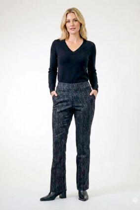 Woman wearing Lisette Onyx Crosshatch Mini Flair ankle-length pants in Black Charcoal with a dark long-sleeve knit top