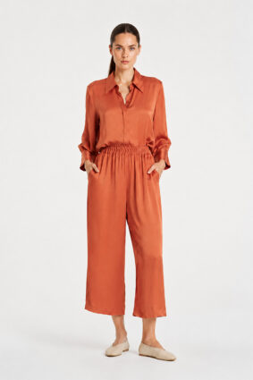 Mela Purdie Pace Pant in Copper, a luxurious mirror satin wide-leg pant for women