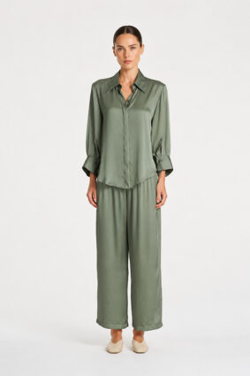 Mela Purdie Pace Pant in Sage, a draped mirror satin wide-leg women's pant