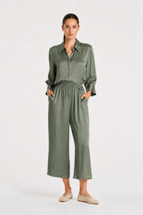 Mela Purdie Pace Pant in Sage, a draped mirror satin wide-leg women's pant