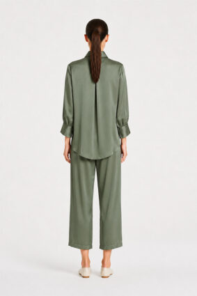 Mela Purdie Pace Pant in Sage, a draped mirror satin wide-leg women's pant