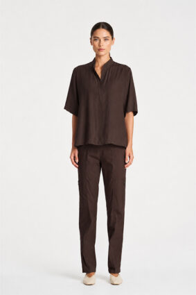 Mela Purdie Placket Plaza top in Fudge, a relaxed wide-leg style drape shirt for women