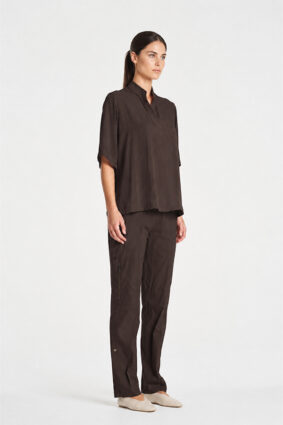 Mela Purdie Placket Plaza top in Fudge, a relaxed wide-leg style drape shirt for women
