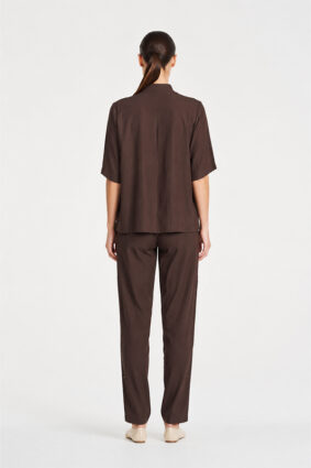 Mela Purdie Placket Plaza top in Fudge, a relaxed wide-leg style drape shirt for women