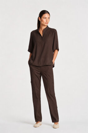 Mela Purdie Placket Plaza top in Fudge, a relaxed wide-leg style drape shirt for women
