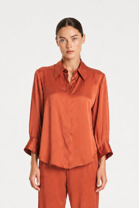 Mela Purdie Resort Blouse in Copper, an elegant mirror satin long sleeve shirt for women