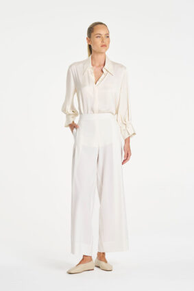 Mela Purdie Resort Blouse in Ivory, an elegant mirror satin long sleeve shirt for women