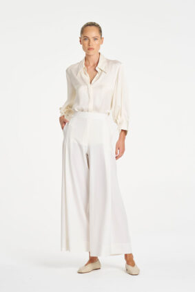 Mela Purdie Resort Blouse in Ivory, an elegant mirror satin long sleeve shirt for women