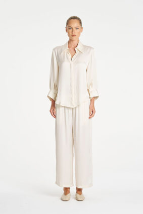 Mela Purdie Resort Blouse in Ivory, an elegant mirror satin long sleeve shirt for women
