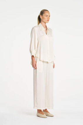 Mela Purdie Resort Blouse in Ivory, an elegant mirror satin long sleeve shirt for women