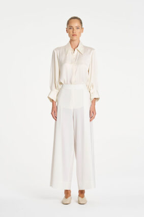 Mela Purdie Resort Blouse in Ivory, an elegant mirror satin long sleeve shirt for women