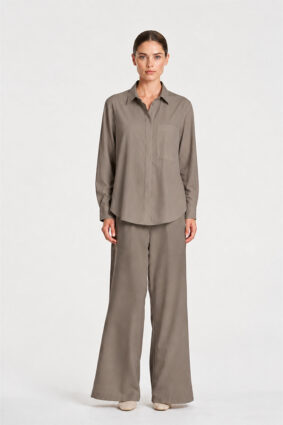 Mela Purdie Saville Shirt in Almond, a relaxed-fit long sleeve tailored button-up shirt for women