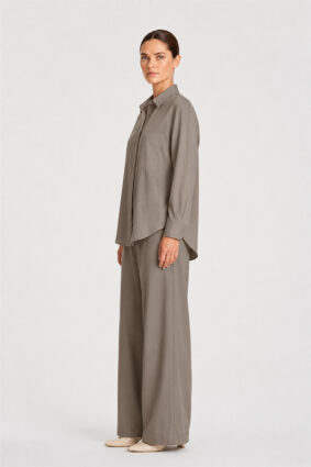 Mela Purdie Saville Shirt in Almond, a relaxed-fit long sleeve tailored button-up shirt for women