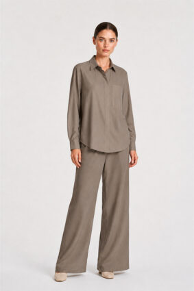 Mela Purdie Saville Shirt in Almond, a relaxed-fit long sleeve tailored button-up shirt for women
