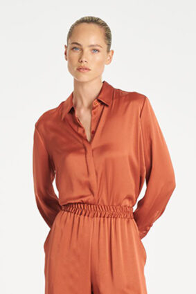 Mela Purdie Soft Shirt in Copper, a relaxed-fit long sleeve mirror satin button-up shirt for women