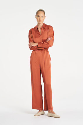 Mela Purdie Soft Shirt in Copper, a relaxed-fit long sleeve mirror satin button-up shirt for women