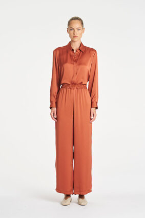 Mela Purdie Soft Shirt in Copper, a relaxed-fit long sleeve mirror satin button-up shirt for women