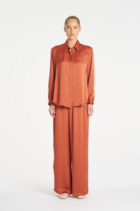 Mela Purdie Soft Shirt in Copper, a relaxed-fit long sleeve mirror satin button-up shirt for women