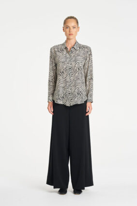 Mela Purdie Soft Shirt in Fossil print, a relaxed-fit long sleeve button-up blouse for women