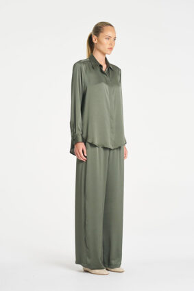 Mela Purdie Soft Shirt in Sage, a relaxed-fit long sleeve mirror satin button-up blouse for women