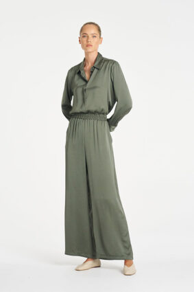 Mela Purdie Soft Shirt in Sage, a relaxed-fit long sleeve mirror satin button-up blouse for women