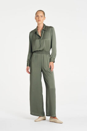 Mela Purdie Soft Shirt in Sage, a relaxed-fit long sleeve mirror satin button-up blouse for women