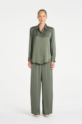 Mela Purdie Soft Shirt in Sage, a relaxed-fit long sleeve mirror satin button-up blouse for women